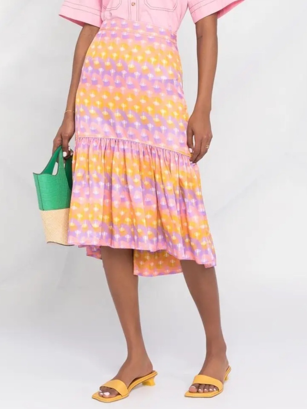 Sandro Eugenie Pink and Yellow Printed Midi Skirt US 8